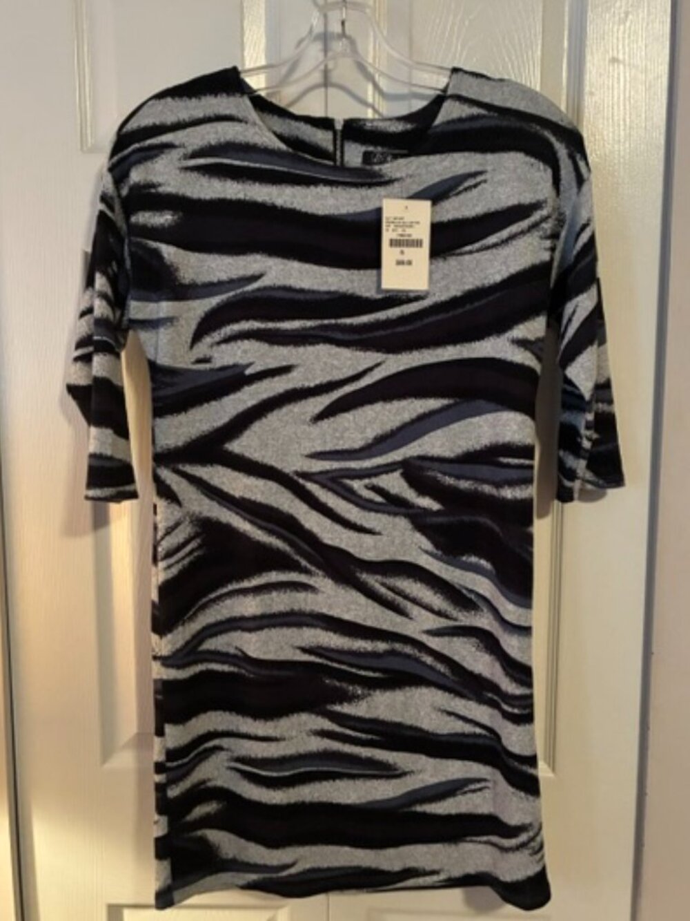 NWT Size S L'Atelier Grey Indigo Black Zebra 3/4 Sleeve Tunic Dress